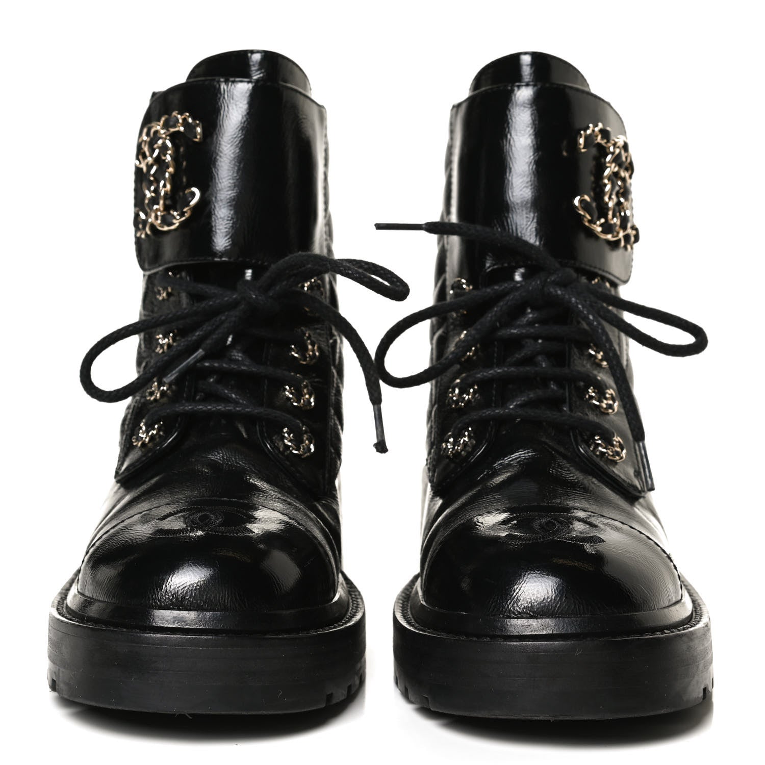 Chanel Shiny Calfskin Quilted Lace Up Combat Boots 35.5 Black 2 of 14