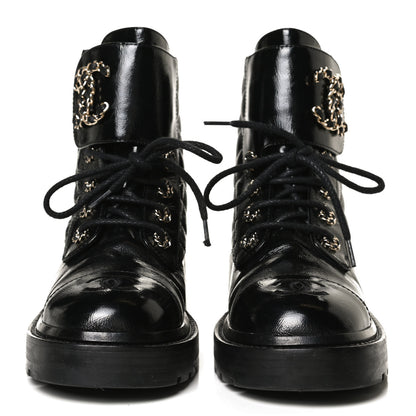 Chanel Shiny Calfskin Quilted Lace Up Combat Boots 35.5 Black 2 of 14
