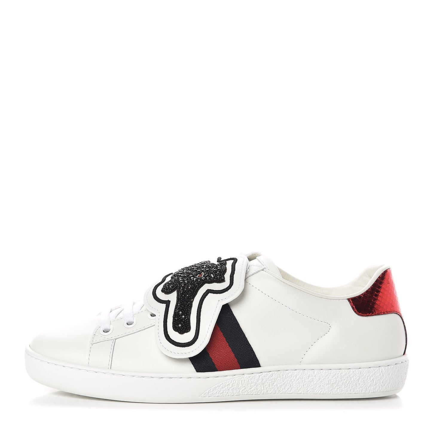 Calfskin Ayers Crystal Panther Embroidered Womens Ace Sneakers 37 White