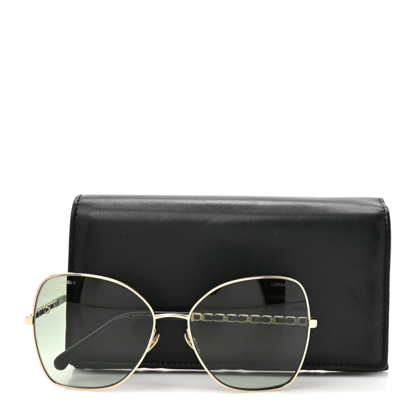 Metal Calfskin Butterfly Pearl Chain Sunglasses 4274Q Gold Green