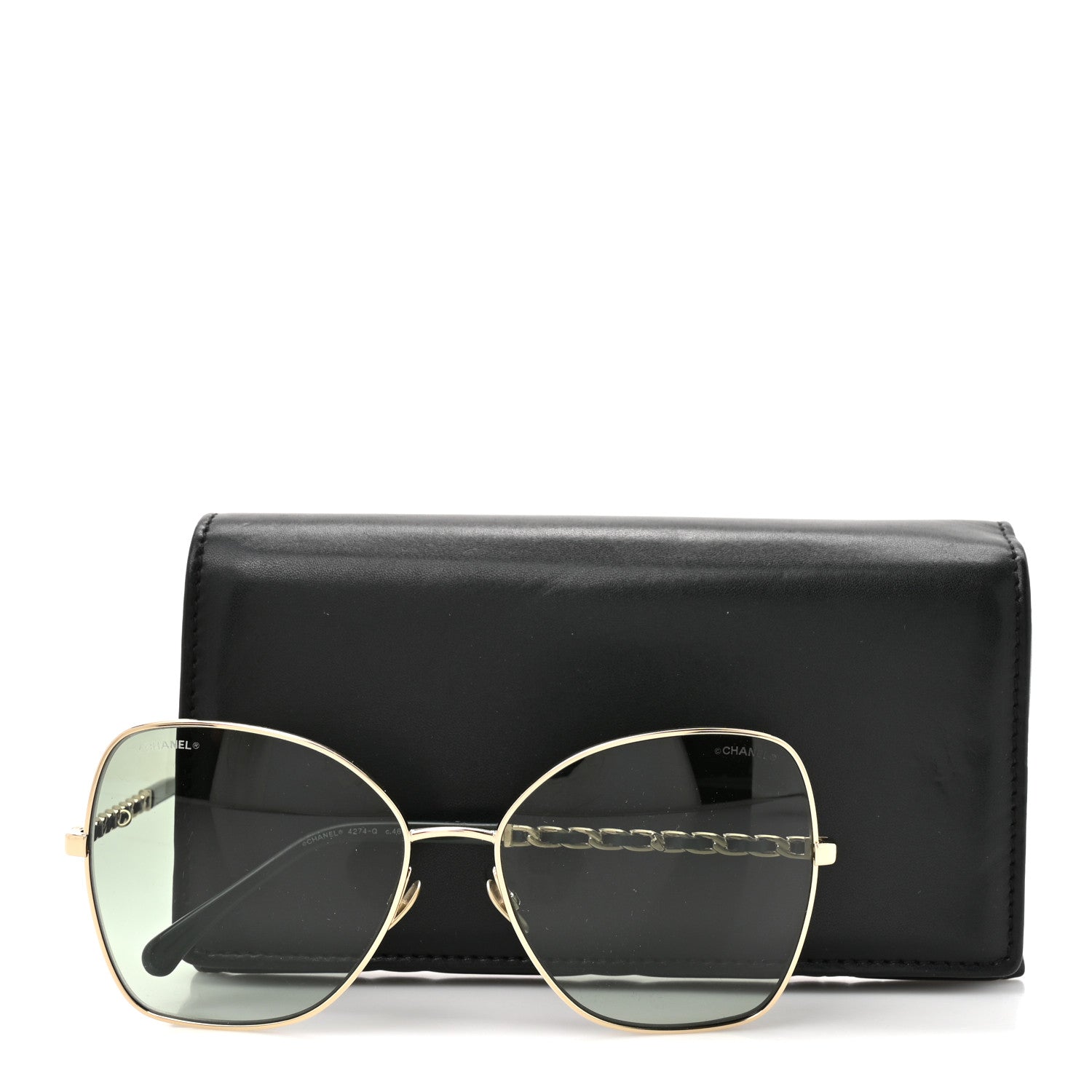 Chanel Metal Calfskin Butterfly Pearl Chain Sunglasses 4274Q Gold Green 8 of 8