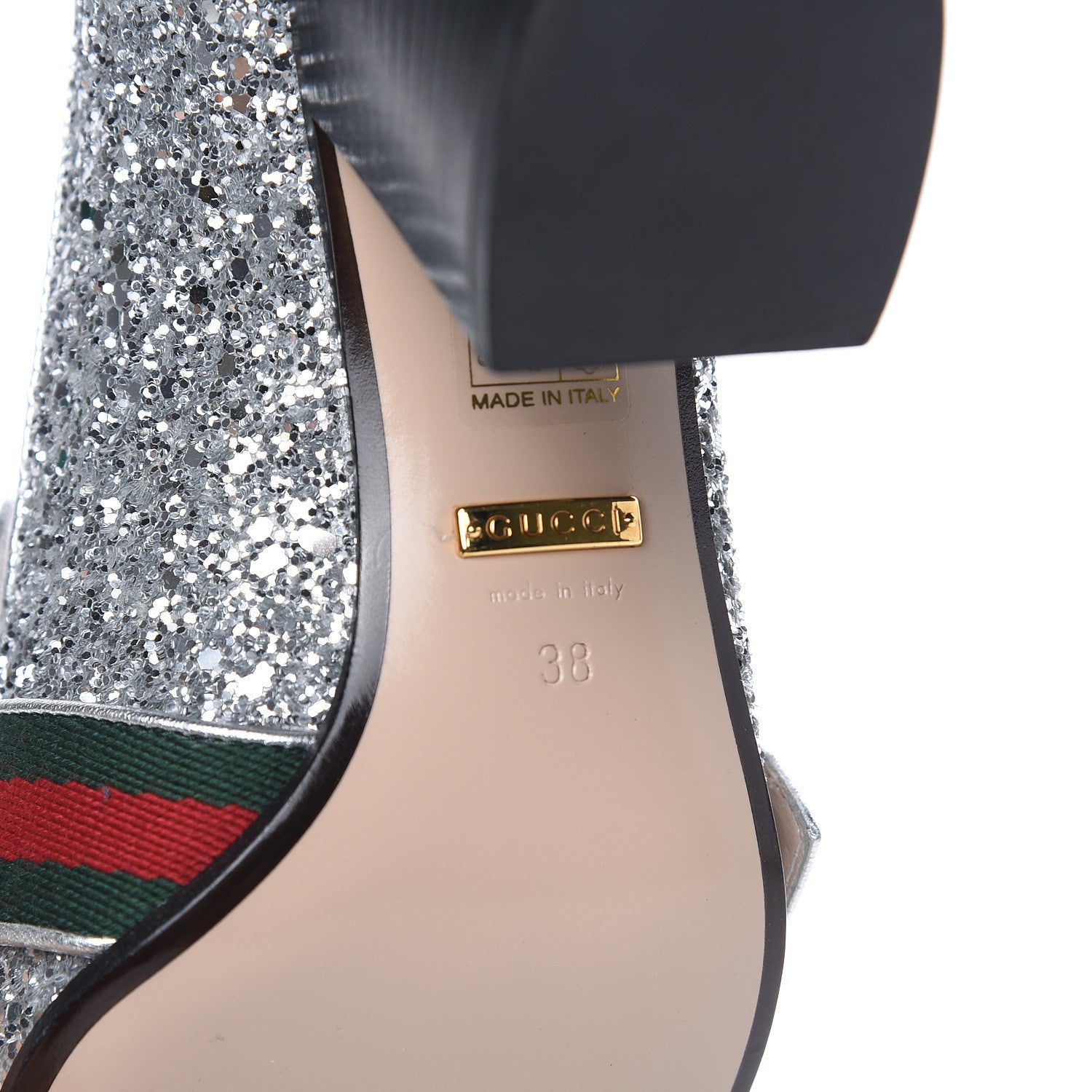 Gucci Glitter Nappa Web Peyton 75mm Loafer Pumps 38 Argento 6 of 9