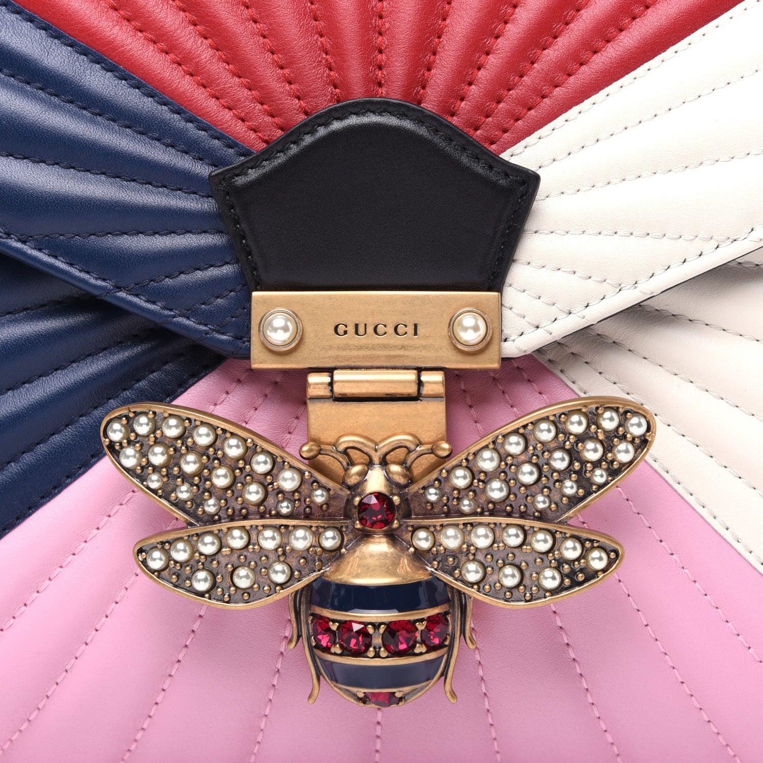 Gucci Calfskin Bamboo Trapuntata Queen Margaret Top Handle Bag Blue Agata Hibiscus Red Mystic White Sugar Pink 13 of 15