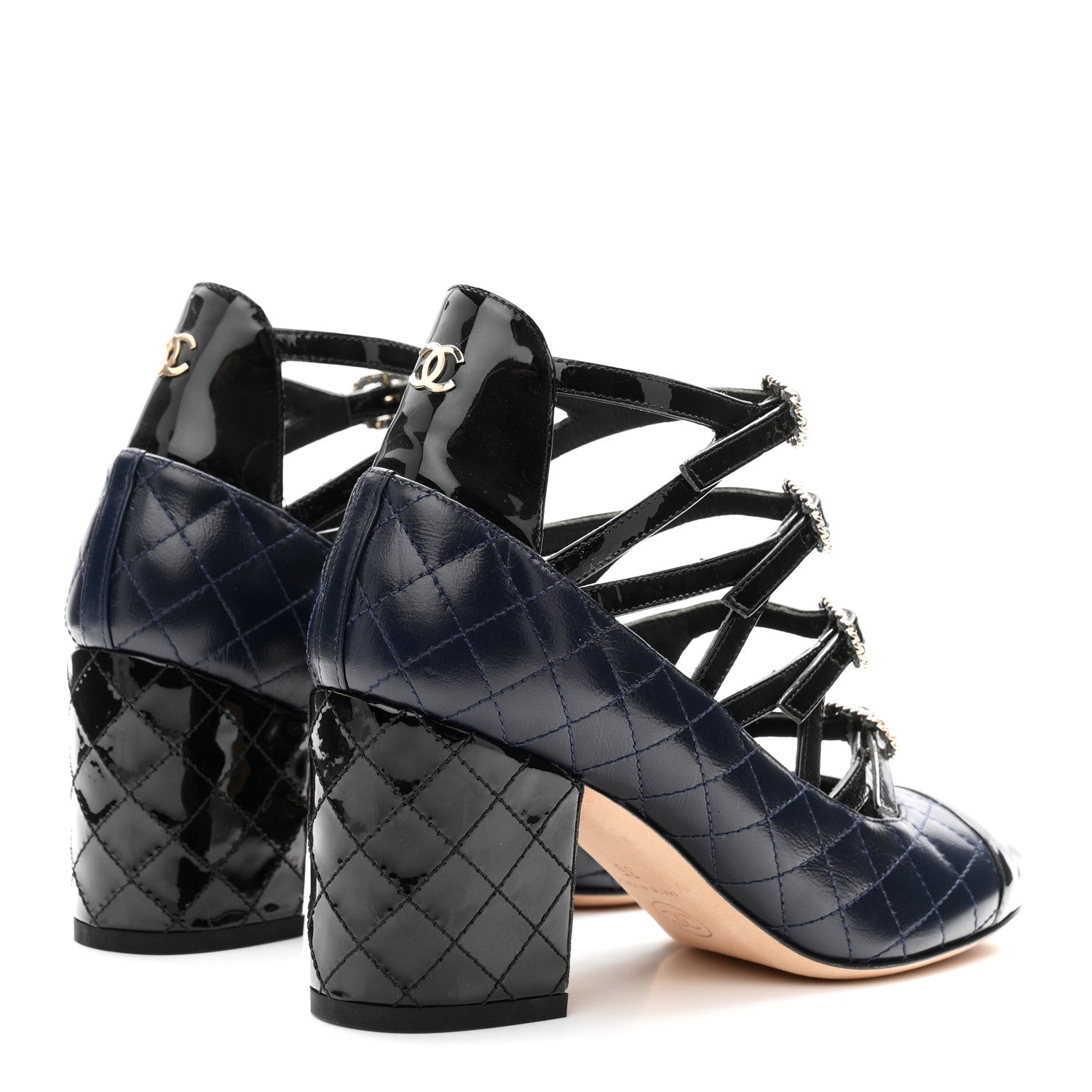 Chanel Patent Calfskin Quilted CC Cap Toe Pumps 35 Navy Black 5 of 10