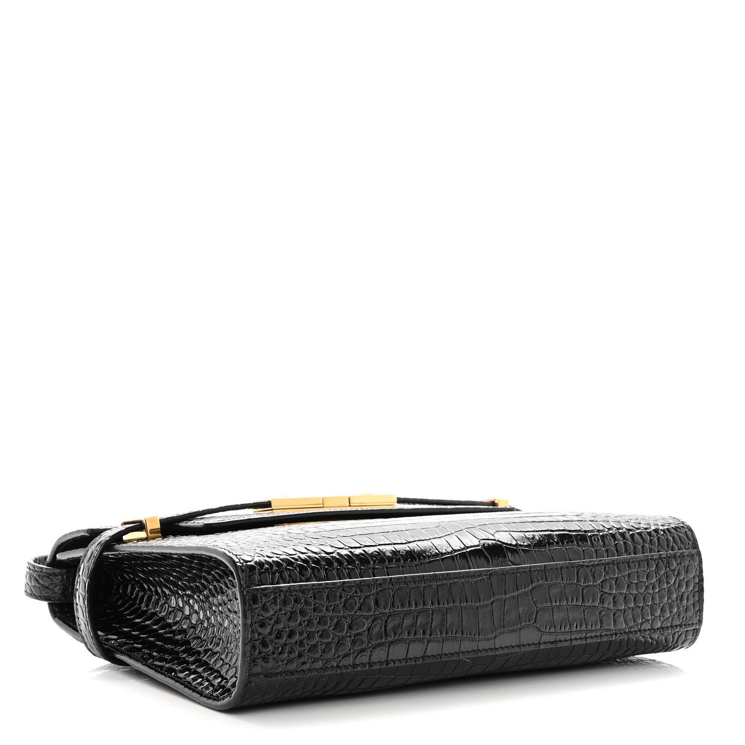 Saint Laurent Shiny Calfskin Crocodile Embossed Small Manhattan Baguette Black 4 of 9