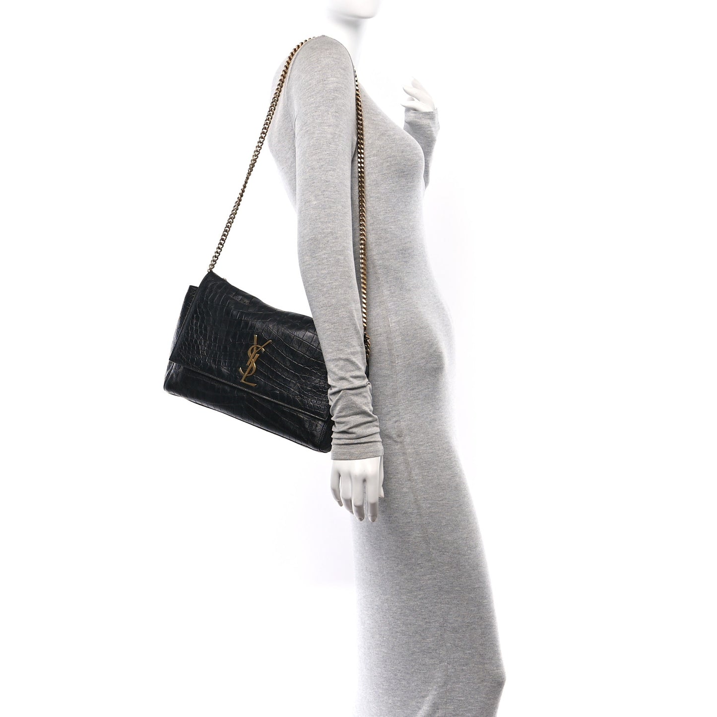 Calfskin Crocodile Embossed Suede Medium Reversible Monogram Kate Satchel Military Taupe