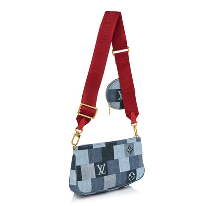 Louis Vuitton Denim Damier Monogram Patchwork Multi Pochette Accessories Blue Rouge 3 of 10