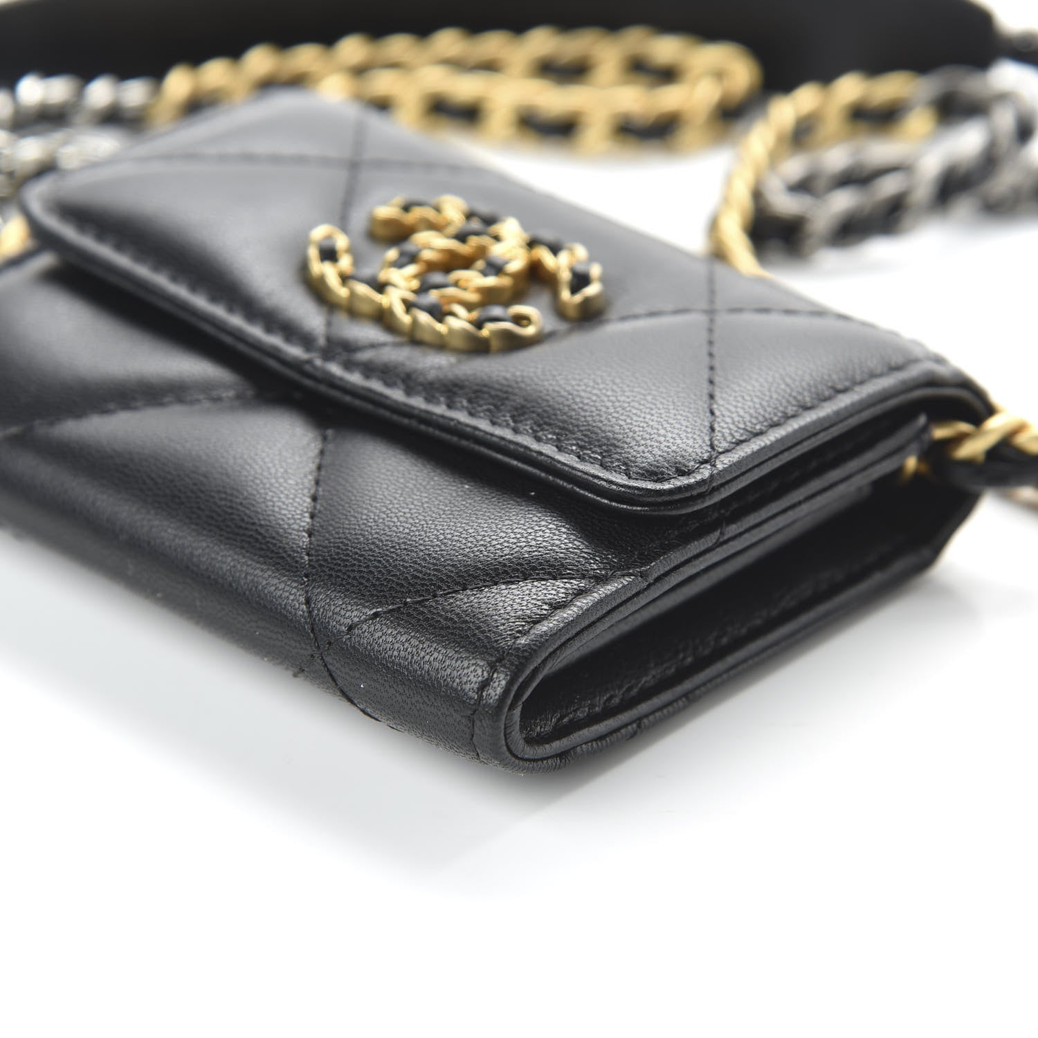 Chanel Shiny Goatskin Quilted 19 Flap Coin Purse With Chain Black 7 of 11