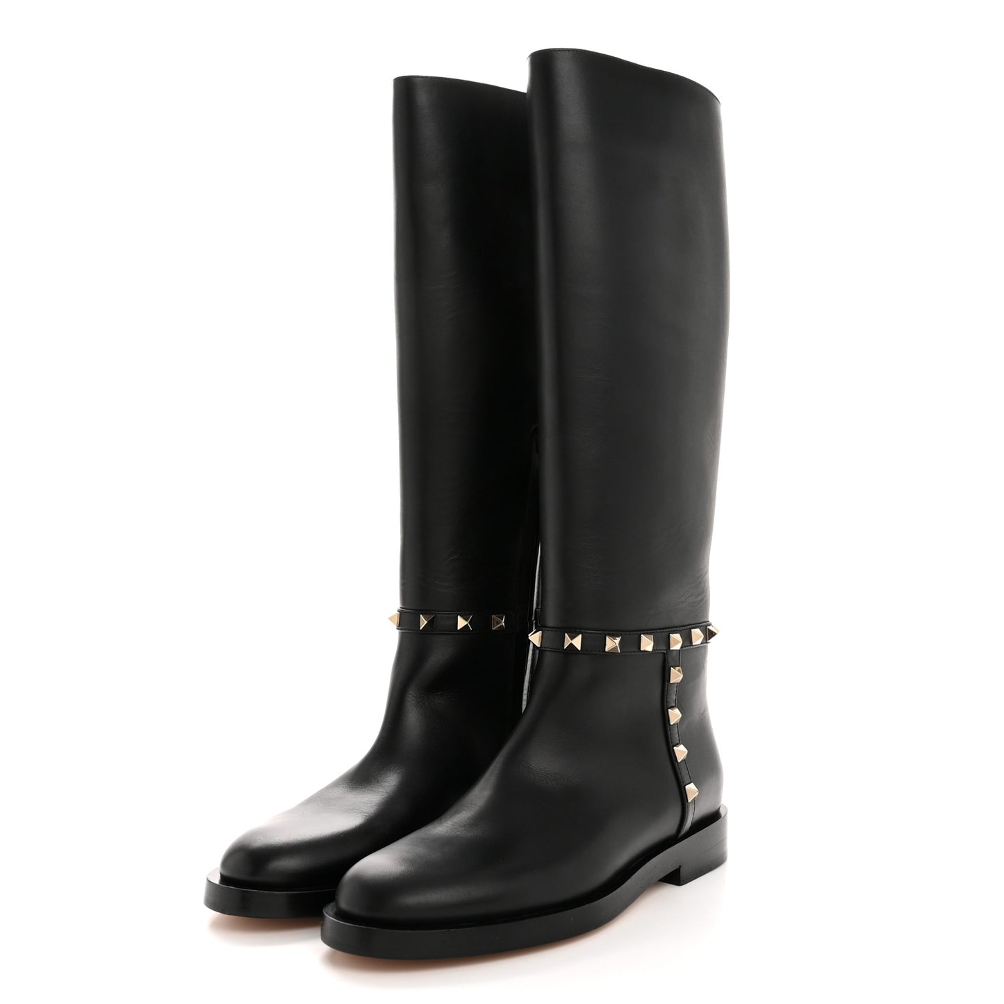 Calfskin Rockstud Knee High Flat Boots 36 Black