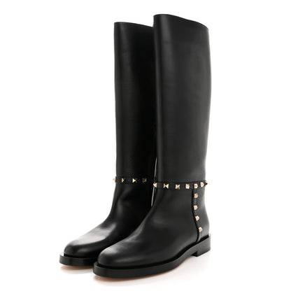 Valentino Garavani Calfskin Rockstud Knee High Flat Boots 36 Black 3 of 10