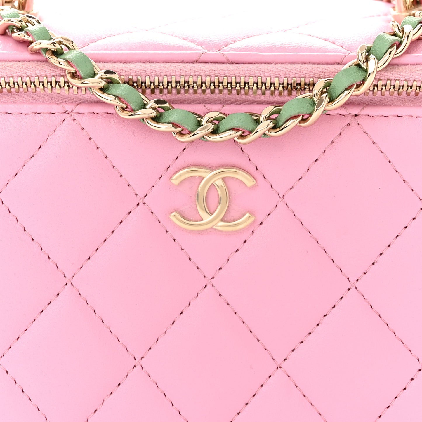Lambskin Quilted Small Top Handle Vanity Case With Chain Lilac Light Green