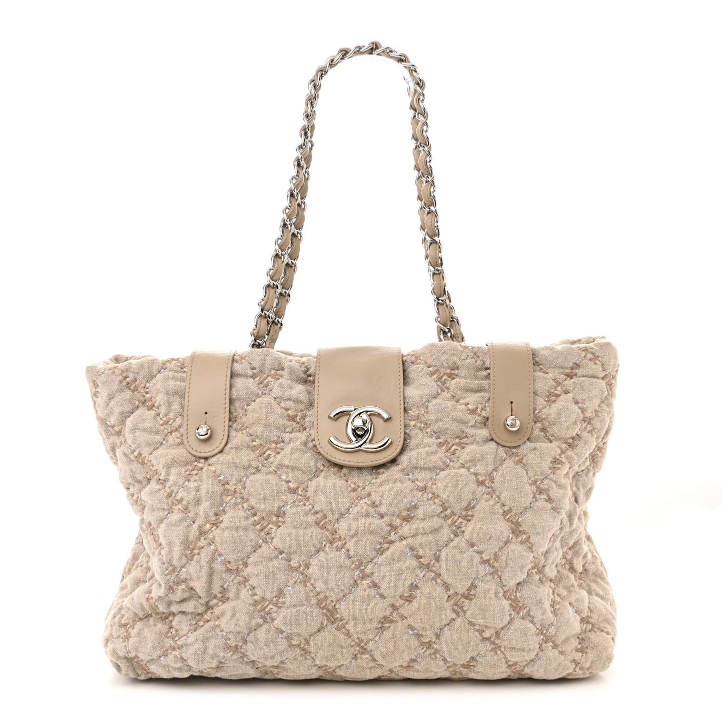 Canvas Quilted Tweed Stitch Bubble Shopping Tote Beige