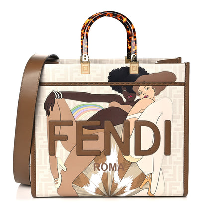 Fendi Glazed Fabric Plexiglass FF Logo Bikini Girls Medium Fendi Sunshine Shopper Tote Bianco Perla Multicolor Miele Scuro 1 of 10