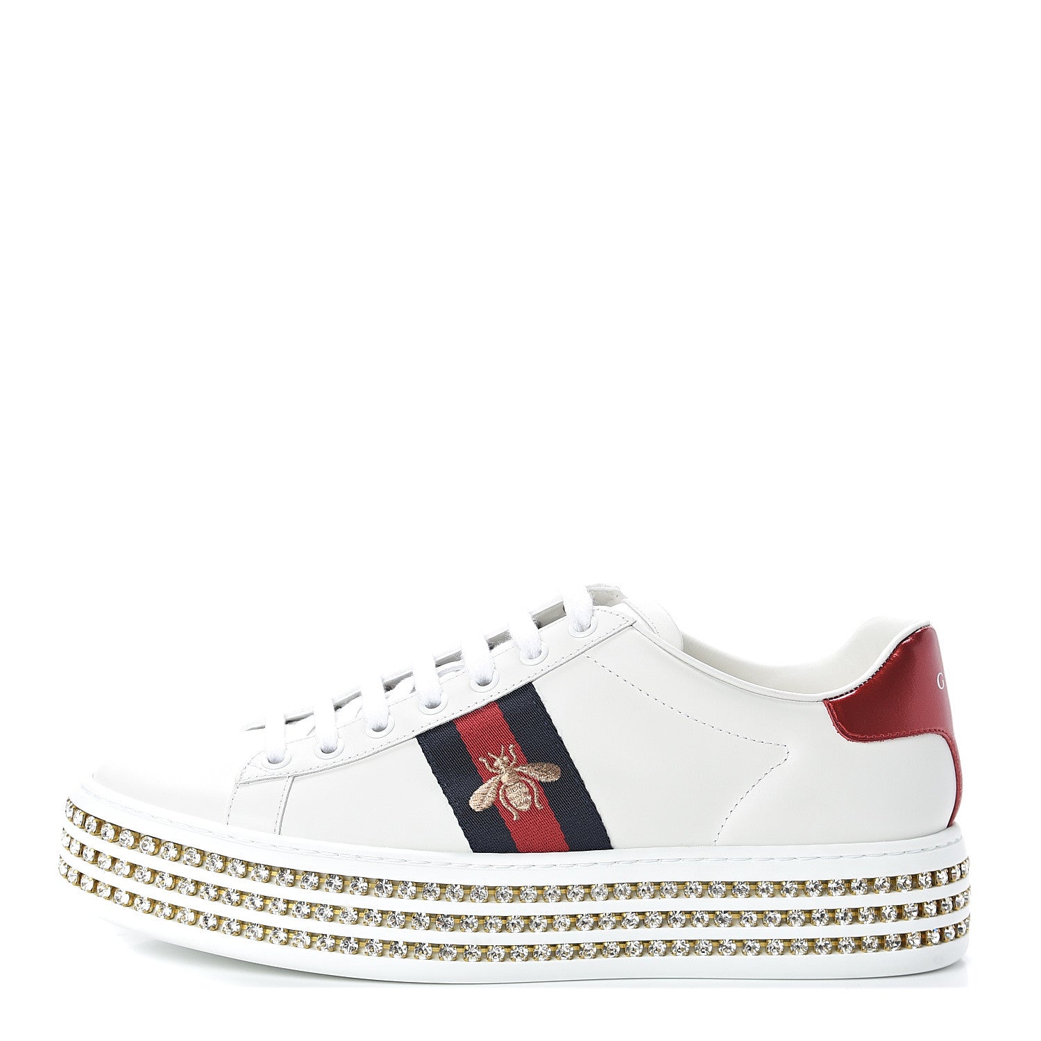 Gucci Calfskin Crystal Web Bee Embroidered Womens Ace Platform Sneakers 39 White 1 of 8