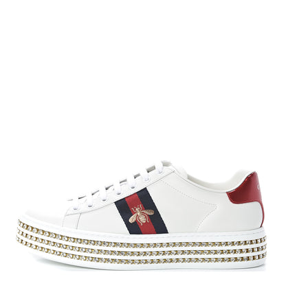 Gucci Calfskin Crystal Web Bee Embroidered Womens Ace Platform Sneakers 39 White 1 of 8