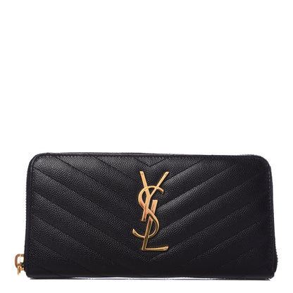 Saint Laurent Grain De Poudre Matelasse Chevron Monogram Zip Around Wallet Black 1 of 7