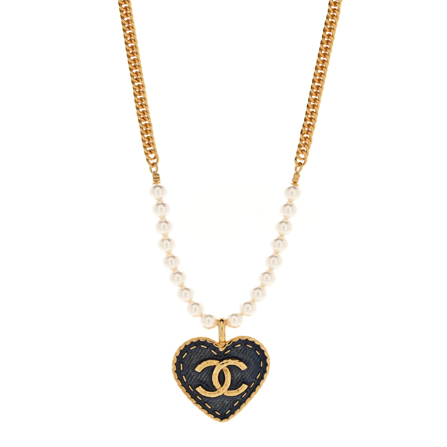 Metal Denim CC Heart Choker Gold Blue Pearly White