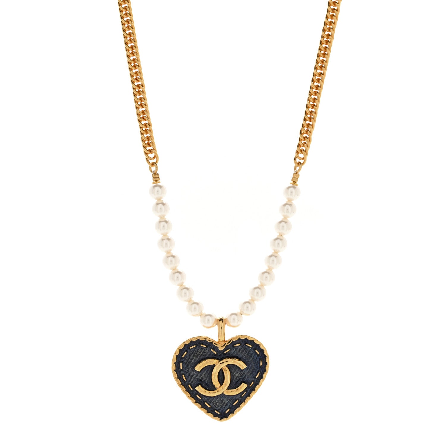 Chanel Metal Denim CC Heart Choker Gold Blue Pearly White 1 of 5