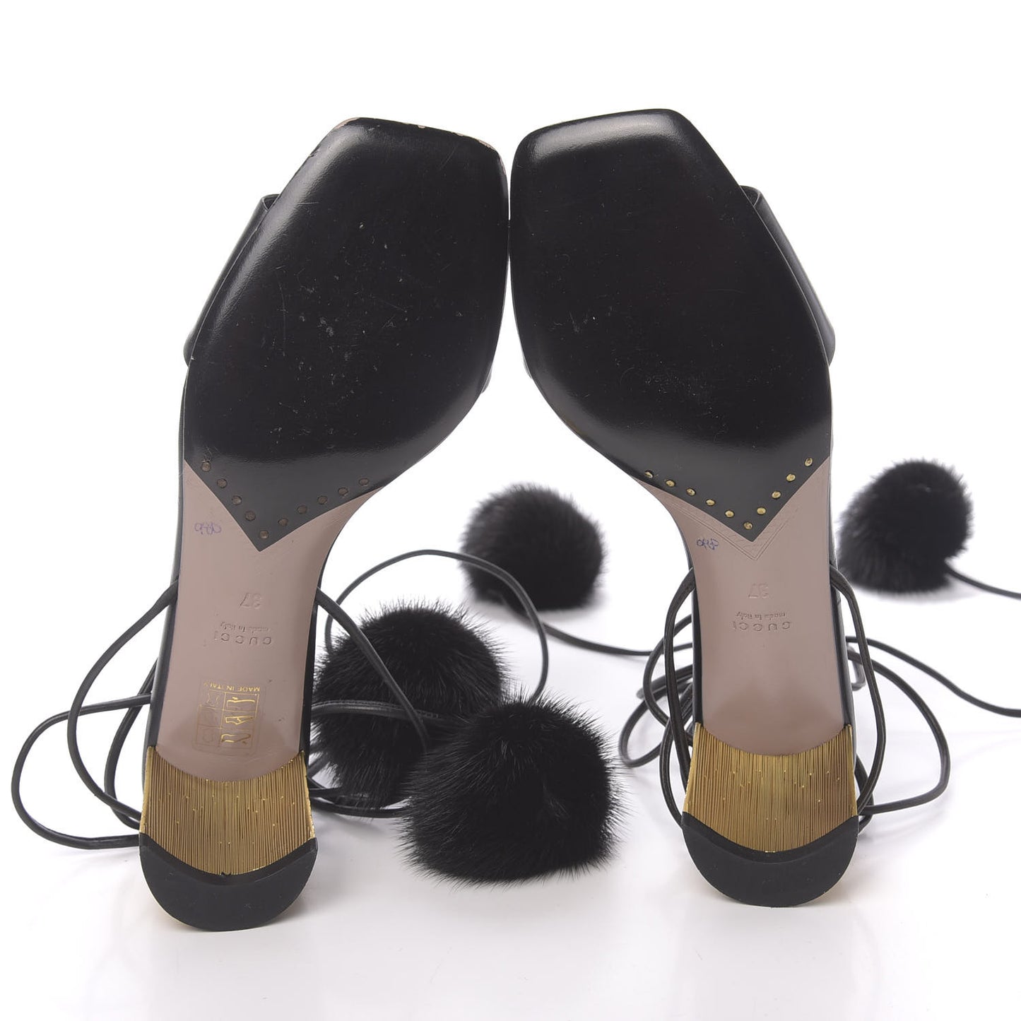 Calfskin Heloise Lace Up Pom Sandals 37 Black