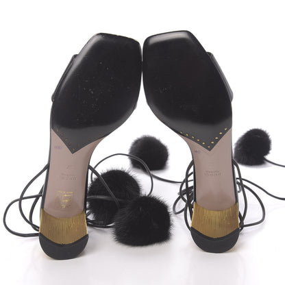 Gucci Calfskin Heloise Lace Up Pom Sandals 37 Black 5 of 8