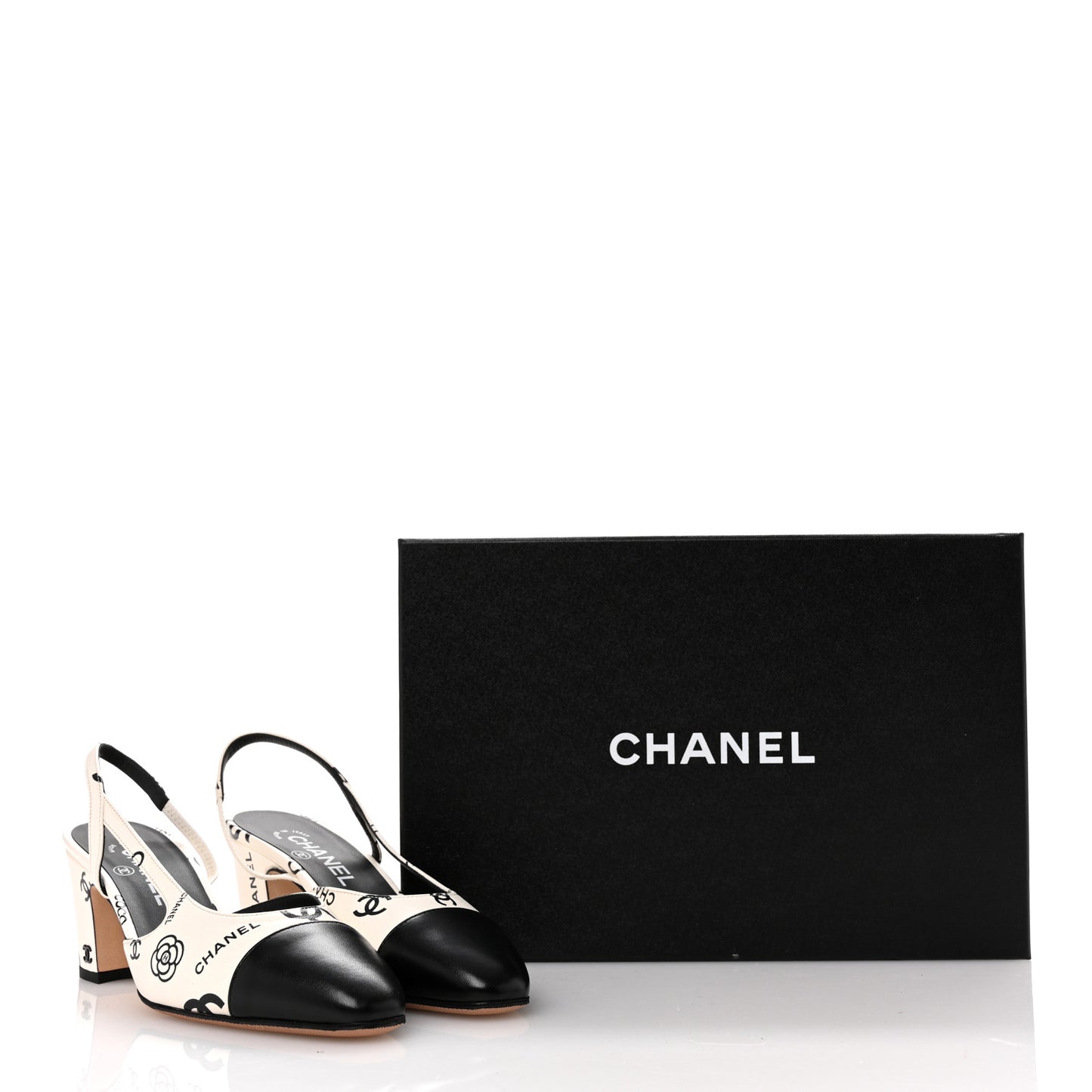 Printed Lambskin Cap Toe CC Slingback Pumps 38 Black White