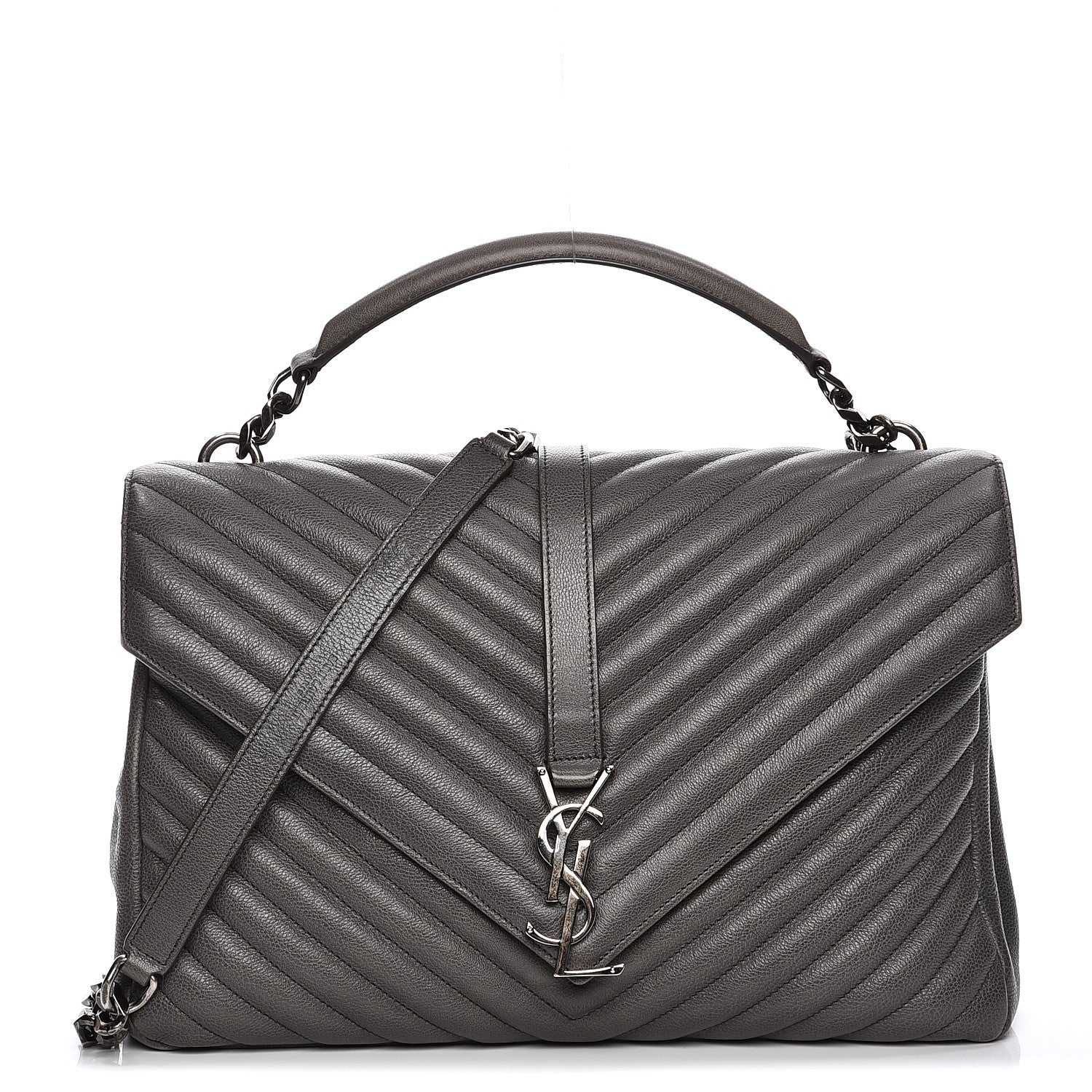 Saint Laurent Sheepskin Matelasse Chevron Monogram Large College Satchel Grey 1 of 15