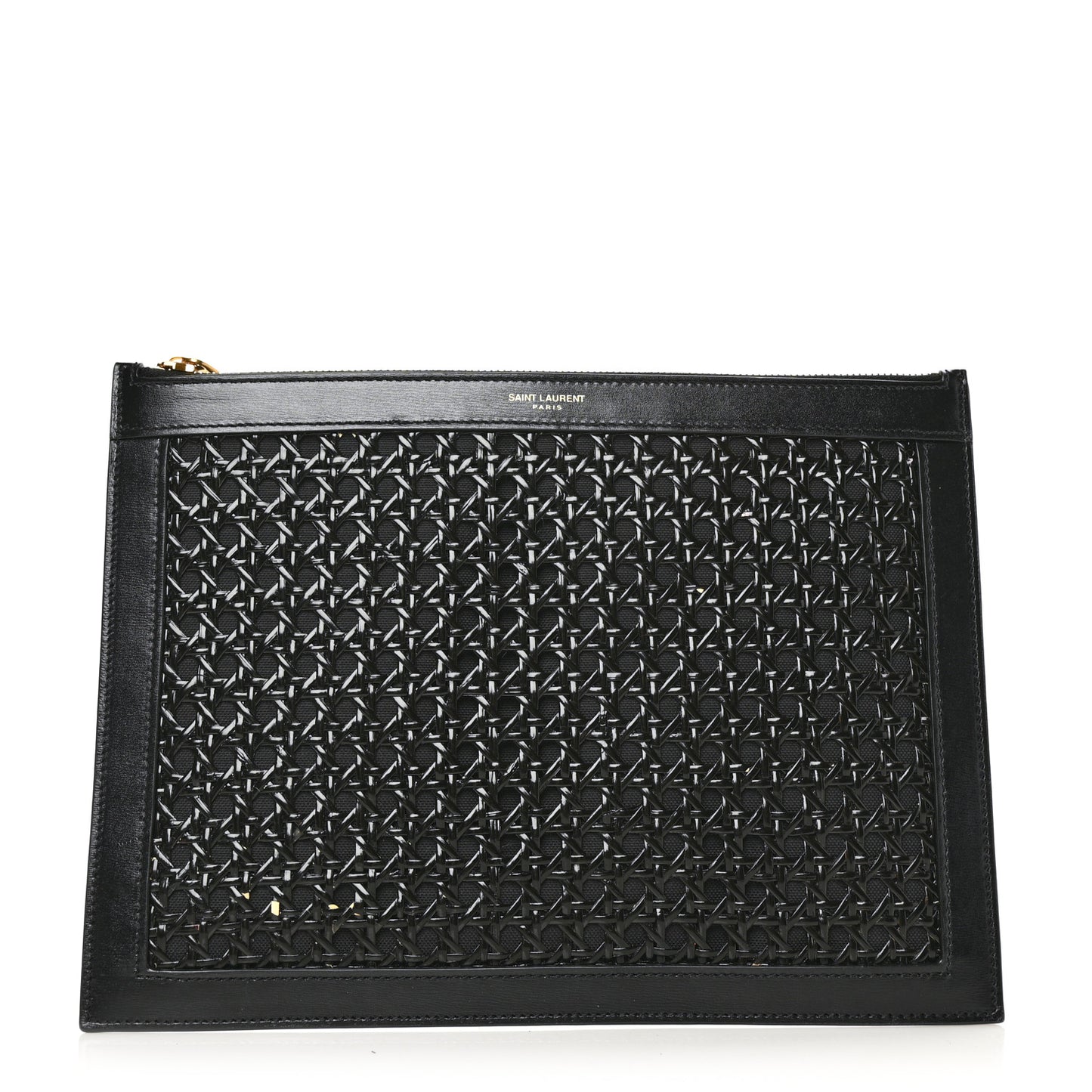 Raffia Calfskin Medium Zip Clutch Black