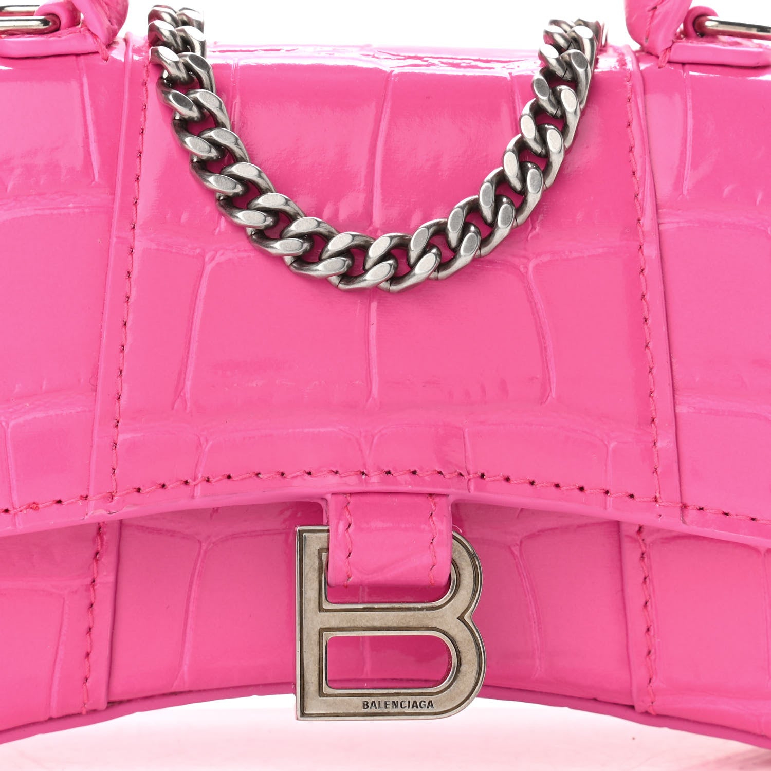 Balenciaga Shiny Calfskin Crocodile Embossed Hourglass Top Handle Bag Mini with Chain Neon Pink 7 of 10