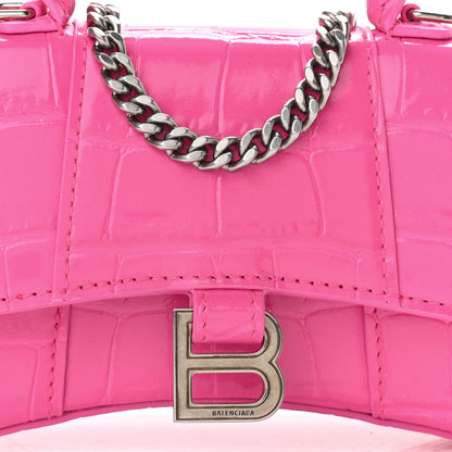 Balenciaga Shiny Calfskin Crocodile Embossed Hourglass Top Handle Bag Mini with Chain Neon Pink 7 of 10