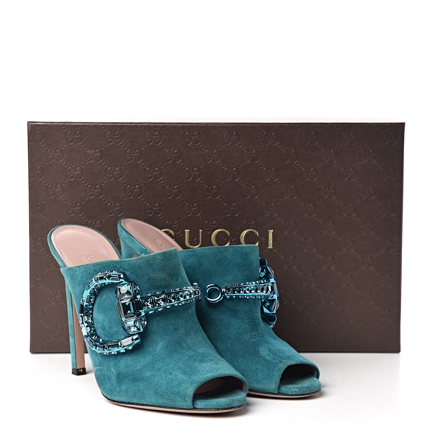 Gucci Suede Crystal Maxine Horsebit High Heel Slides 38 Dusty Turquoise 19 of 20