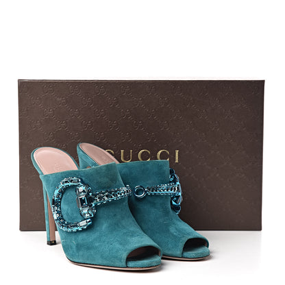 Gucci Suede Crystal Maxine Horsebit High Heel Slides 38 Dusty Turquoise 19 of 20