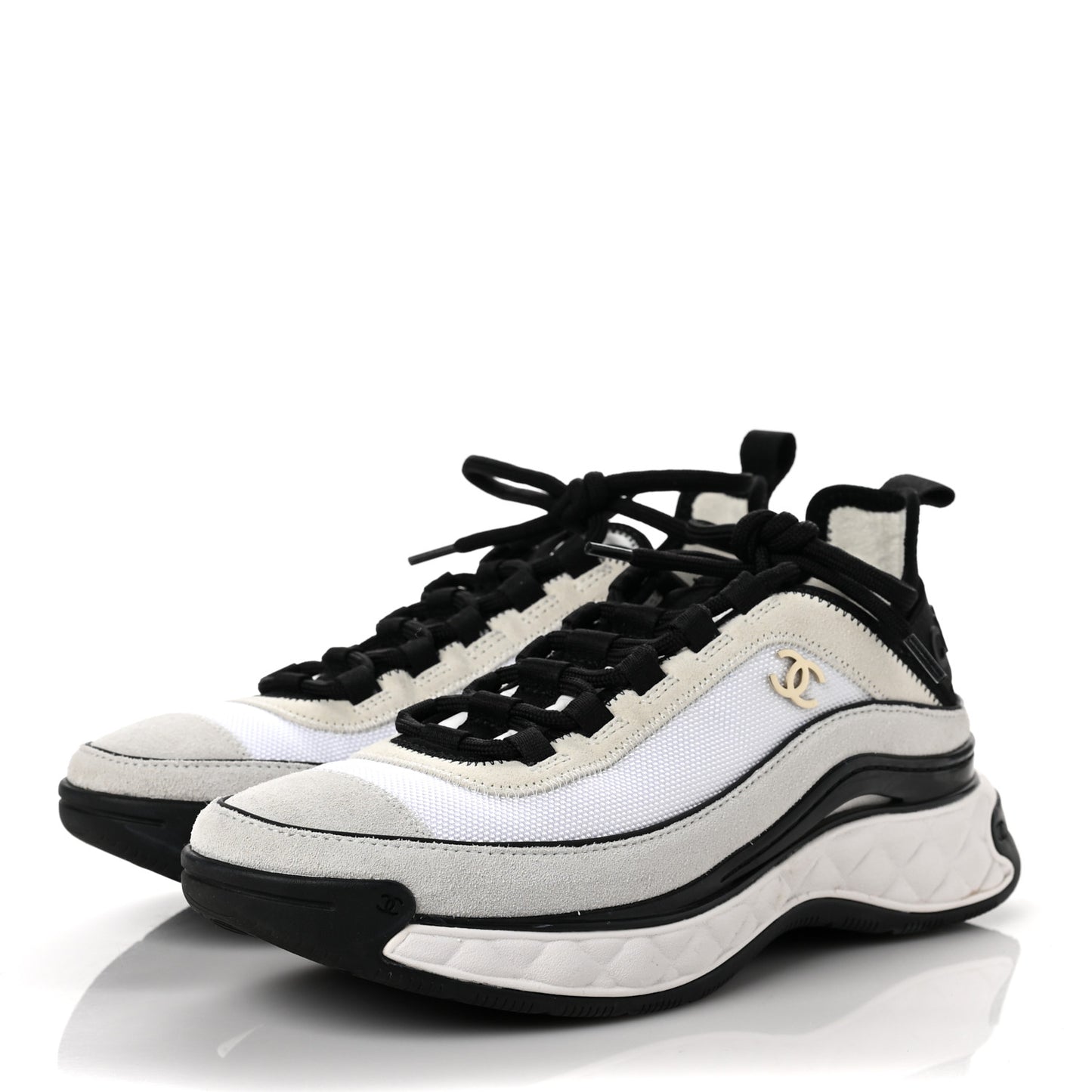Velvet Calfskin Mixed Fibers CC Sneakers 38 White Black