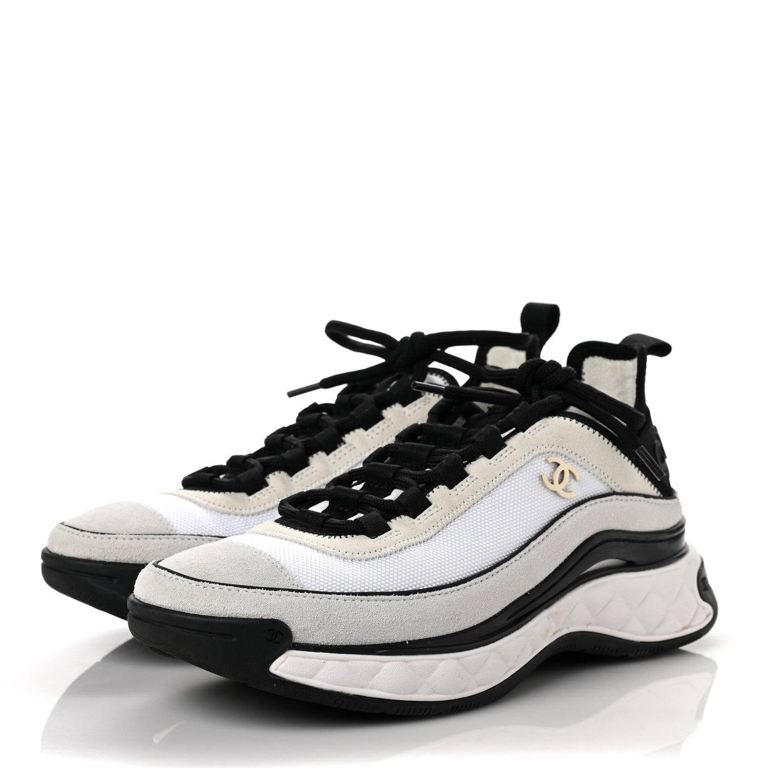 Chanel Velvet Calfskin Mixed Fibers CC Sneakers 38 White Black 3 of 9
