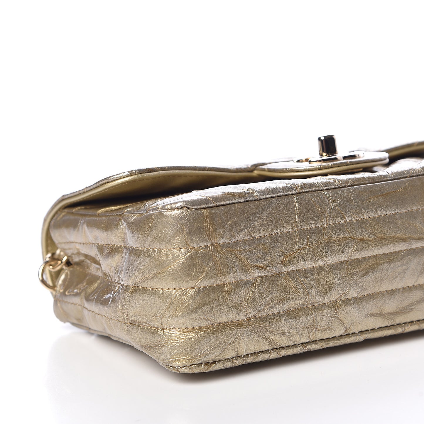 Patent Metallic Crumpled Calfskin Chevron Quilted Mini Rectangular Flap Gold