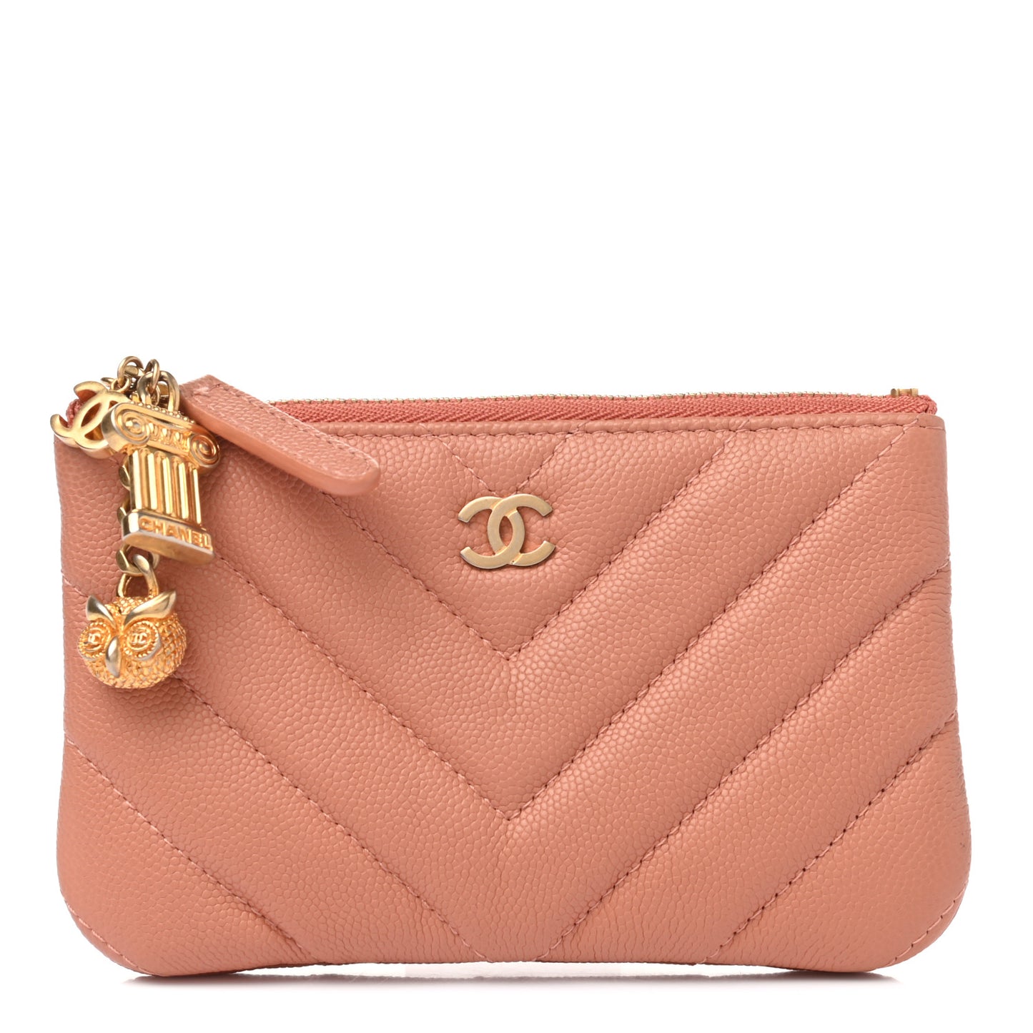 Caviar Chevron Quilted Small Ancient Greek Charms Cosmetic Case Dark Beige