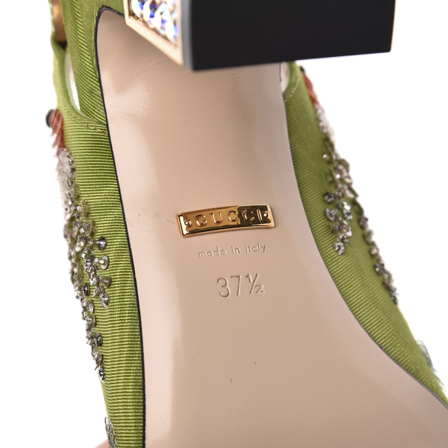 Gucci Moire Fabric Eyes Crystal Square G Madelyn Slingbacks 37.5 Lemon Leaf 7 of 11