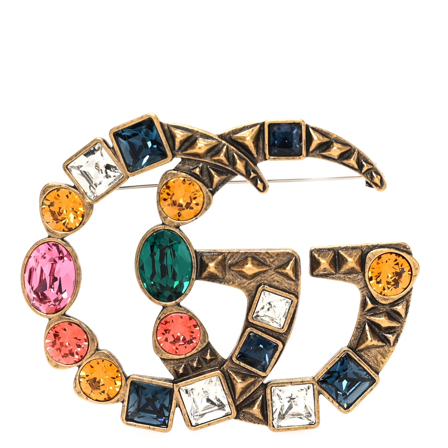 Gucci Metal Crystal Double G Brooch Aged Gold Multicolor 1 of 4