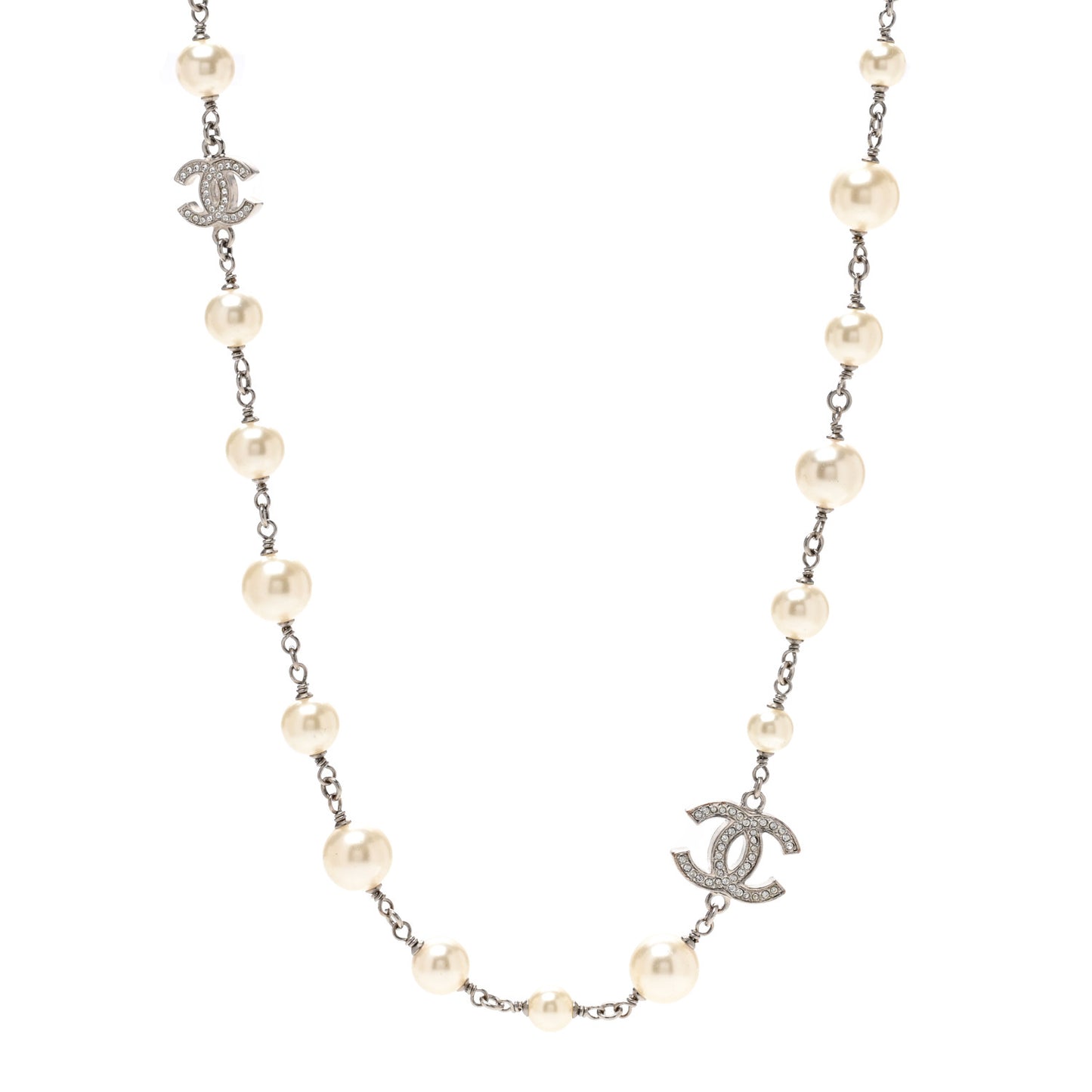 Graduated Pearl Crystal CC Long Necklace Silver
