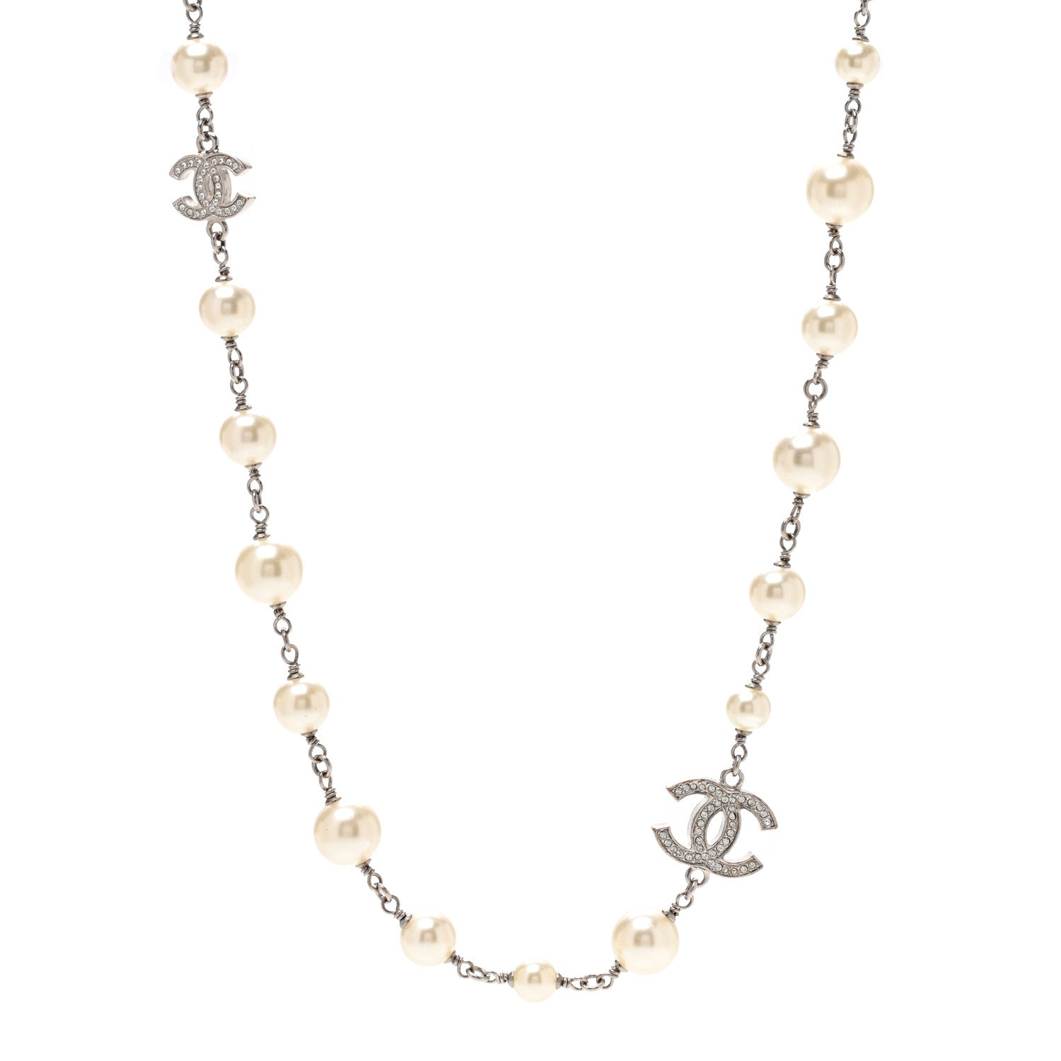 Chanel Graduated Pearl Crystal CC Long Necklace Silver 1 of 5