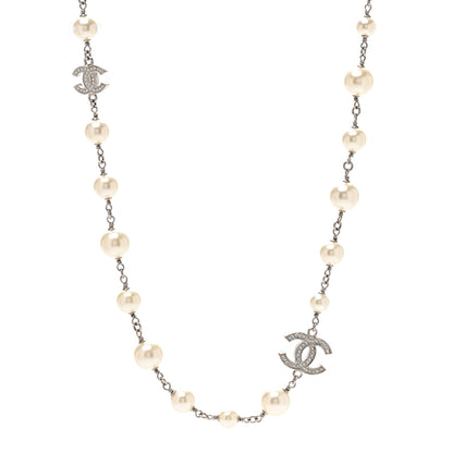 Chanel Graduated Pearl Crystal CC Long Necklace Silver 1 of 5