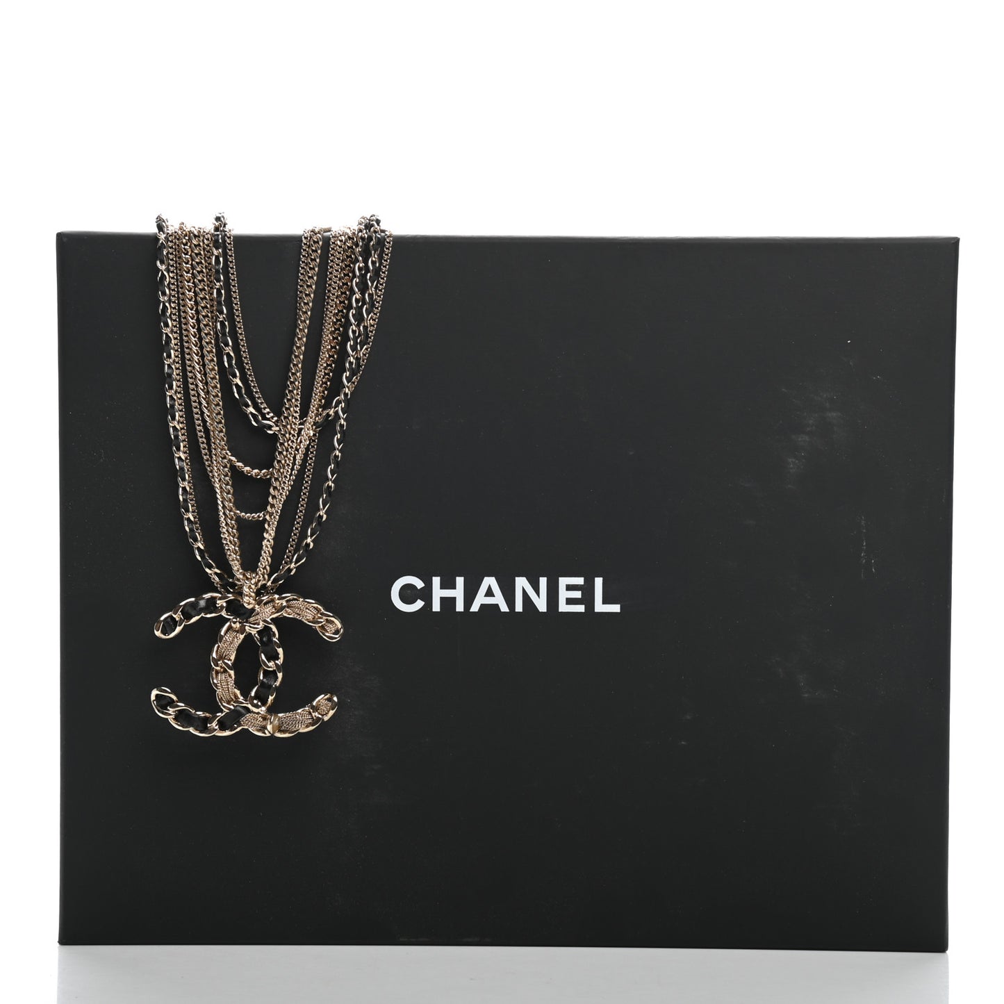 Pearl Lambskin Chain CC Multi Strand Necklace Gold Black