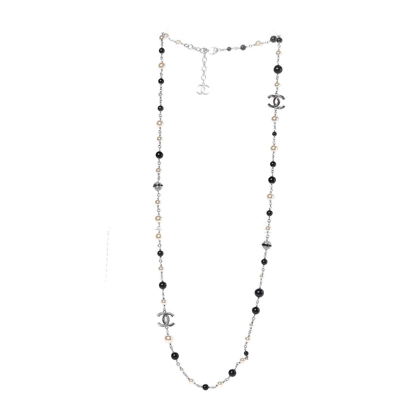 Pearl Crystal Bead CC Long Necklace Black Silver