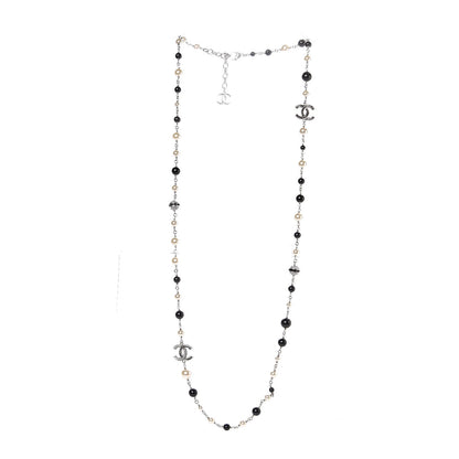 Chanel Pearl Crystal Bead CC Long Necklace Black Silver 3 of 6