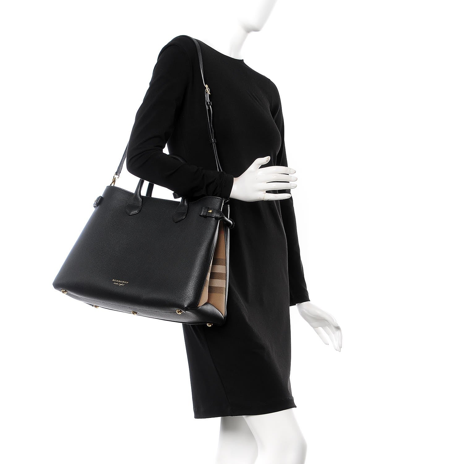 Burberry Grainy Calfskin House Check Large Banner Tote Black 3 of 9
