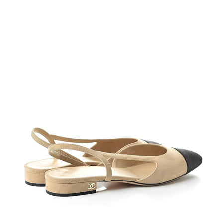 Chanel Kid Suede Satin Cap Toe CC Slingback Pumps 39 Beige Black 4 of 11