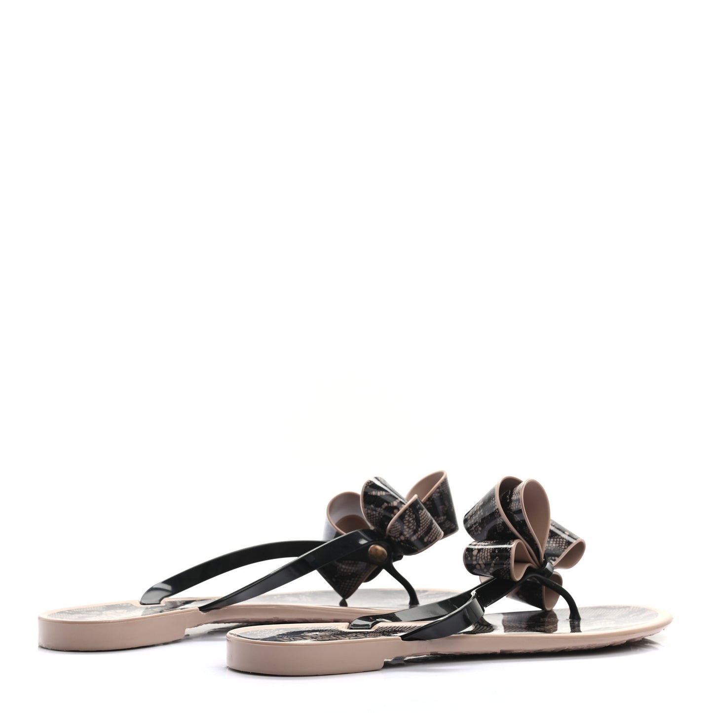 PVC Jelly Lace Print Bow Thong Sandals 40 Black Poudre