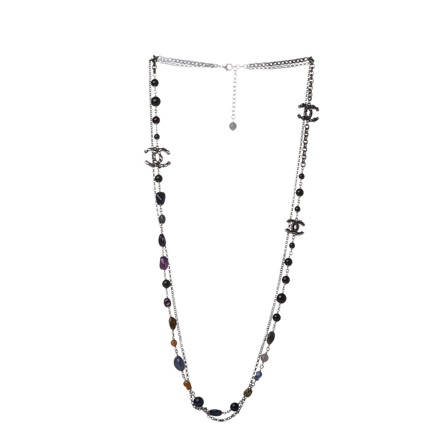 Beaded Enamel CC Long Necklace Ruthenium Multicolor