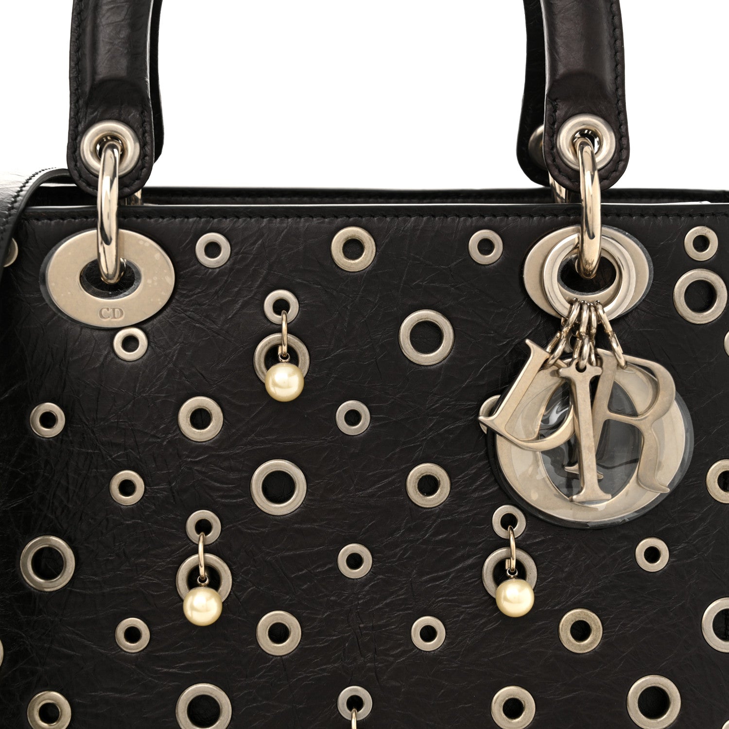 Christian Dior Crinkled Calfskin Studded Pearls Medium Lady Dior Black 8 of 10