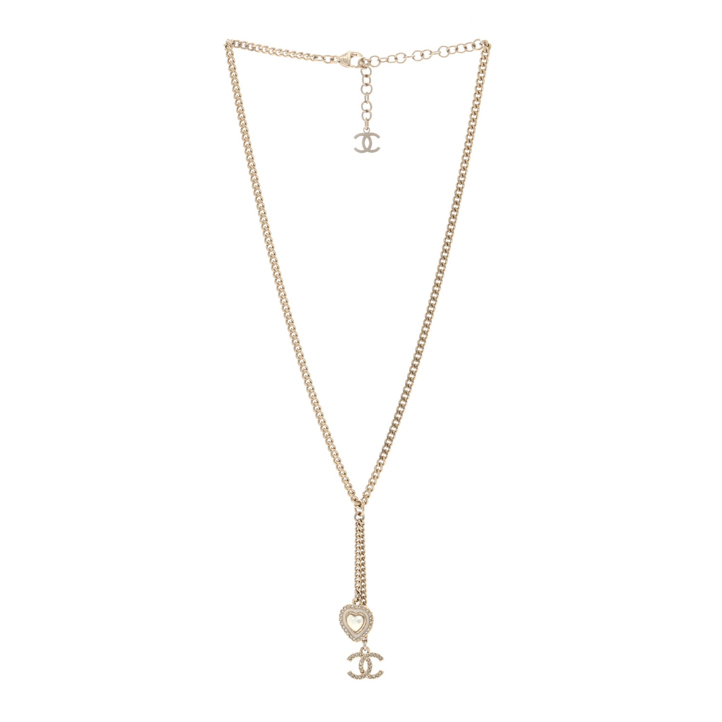 Crystal Pearl CC Heart Drop Necklace Silver White