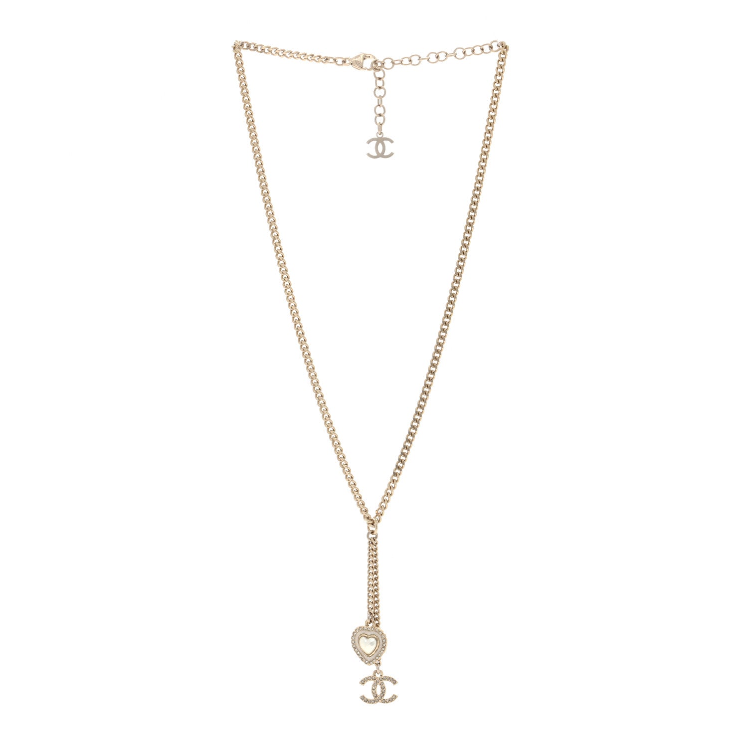 Chanel Crystal Pearl CC Heart Drop Necklace Silver White 2 of 5